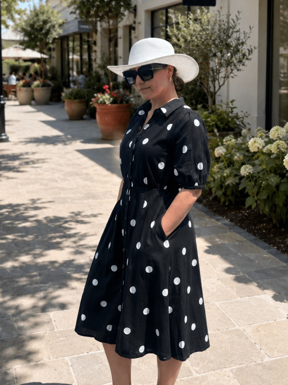 A New Day Womens Black Polka Dot Puff Sleeve Midi Shirtdress Belted